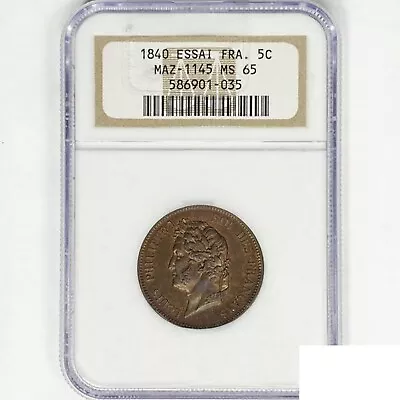 1840 Bronze Essai France 5C NGC MS65 • $224.99