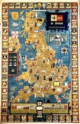 BEA Visit Britain Royal Map Airline Travel Poster 1956 Not BOAC • $72.18
