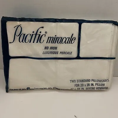 Vintage NOS Pacific Miracle NO IRON Percale 70s White Standard Pillow Case Set • $14.99