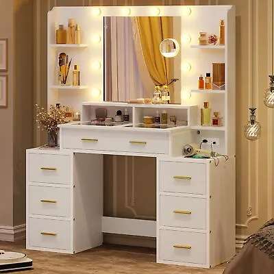 LED Makeup Vanity Desk Glass Top Vanity Table With Compartment Drawers & Shelves • $275.89