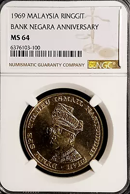 NGCMS64 1969 MALAYSIA  Ringgit Commemorative  Coin Ø33mm (+FREE1 Coin) #31655 • $46