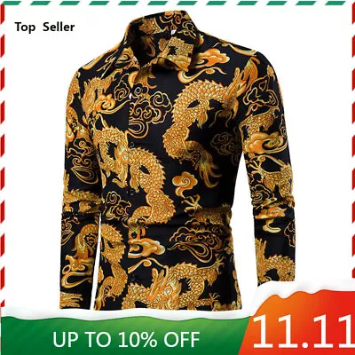 Men's Long Sleeve Casual Button Front Chic Printed Dragon Chinese Style Shirt • £27.31