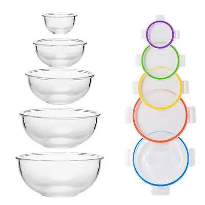 HOCHSTE Glass Mixing Bowls Nesting Bowls With Lids Food Storage Stackable 5 Pcs • £28.99