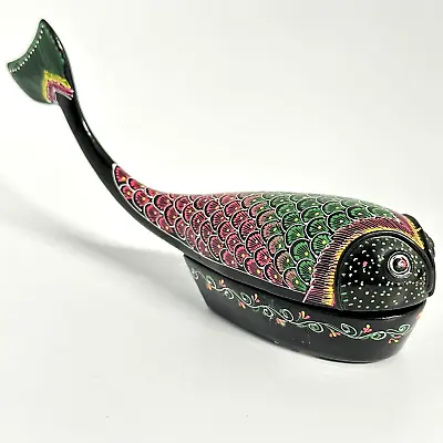 1980s Black Lacquer Hand Painted Multicolor Whale Fish Wooden Trinket Box • $29.99