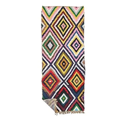 Moroccan Handmade Vintage Rug3'7x9'1Berber Geometric Yellow & Pink Wool & Cotton • $274.80
