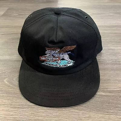 Vintage Harley Davidson Hat Mens OSFA Black Snapback Anchorage Alaska USA Made • $39.95