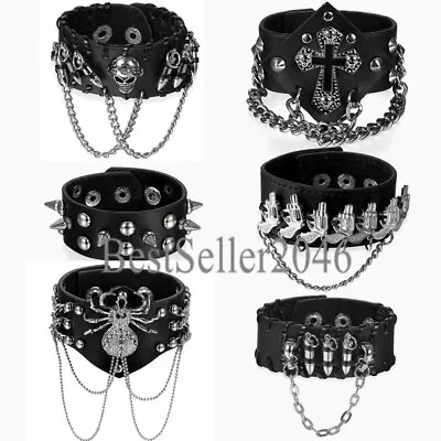 Men Women Gothic Black Leather Skull Cross Rivet Bracelet Punk Halloween Jewelry • $8.99