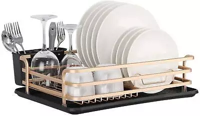 Aluminum Dish Rack With Cutlery Holder Removable Drainer Tray Rosegold New • $25.88