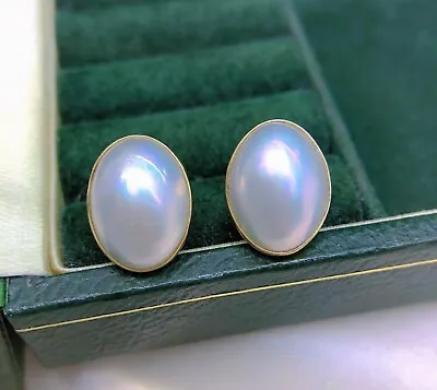 10mm X 14mm Saltwater White Mabe Pearl Earring Stud 18K Yellow Gold High Luster • $295