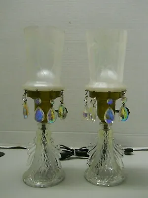Vintage Mantle Vanity Crystal Teardrop Prisms Lusters Lamps Etched Shades 2pcs • $187.46