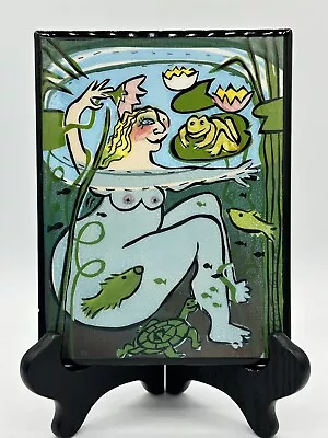 Vtg Pat Custer Denison Art Pottery Tile  Pond Social” Nude Woman Abstract • $50