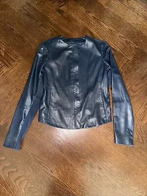 Vince Leather Biker Jacket Blue Lasercut Accents Collarless  Slit Pocket Siz XS • $99.99