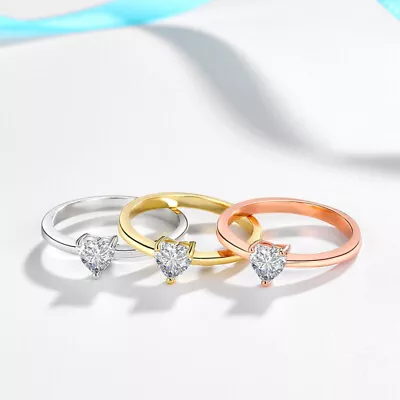 Women 925 Sterling Silver Ring Heart Shape Zircon Fashion Jewelry 3 Color • £2.70