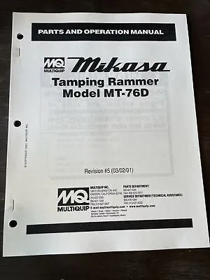 Mikasa Multiquip MT76D Tamping Rammer Jumping Jack Parts Operation Manual Book • $54.99