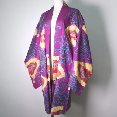 8852B1 Silk Vintage Japanese Kimono Haori Jacket Spreading Chrysanthemum Meisen • $120