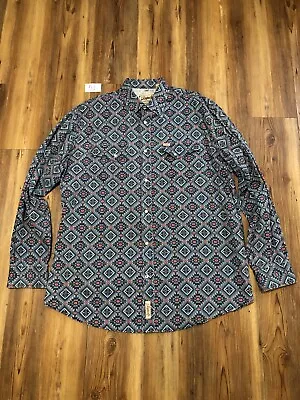 Vintage Western Raffer C Shirt Blue Aztec All Over Print Pearl Snap Rodeo XL • $22