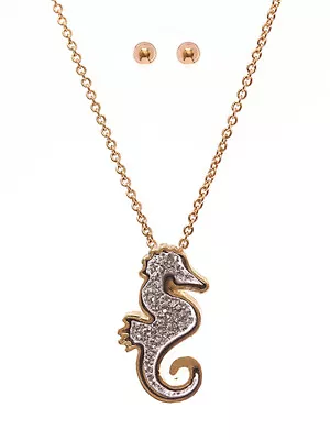 SEAHORSE Clear Druzy Sea Horse Yellow Gold Plated Necklace & Earring Set • $11.70