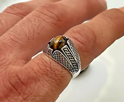 Mens Handmade Ring Turkish Silver Ring Vintage Ring Tiger Eye 925 Silver 5-15 • £43.43