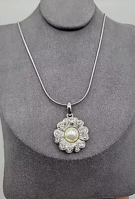 Vintage Pierre Balmain Crystal Faux Mabe Pearl Flower Pendant Necklace 18   • $300