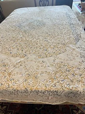Vintage Quaker Lace White Tablecloth Floral Pattern 84  X  74  Oval • $35