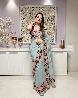 $71.49 • Buy Indian Women Floral Blue Sari Ethnic Wedding Saree Sequin Party Wear Sari Blouse