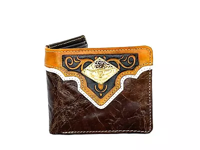 Western Short Wallet Men Longhorn Tooled Coffee Brown Orange Leather Bifold 4x3 • $19.99