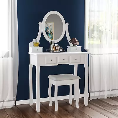 SALE 5 Drawer Dressing Table Makeup Desk Mirror Stool Bedroom Furniture White • £68.66