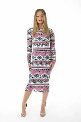 Womens Ladies Long Sleeve Midi Dress Stretch Bodycon Print Jersey Maxi Plus Size • £8.54