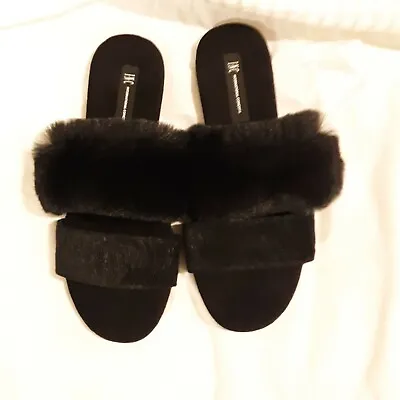 INC Women's Faux-Marabou Slide Slippers Black M 7/8 • $19.99