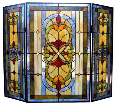 Stained Glass Fireplace Screen 3Pcs. Folding Victorian Red Blue Gold Art Glass • $347.55