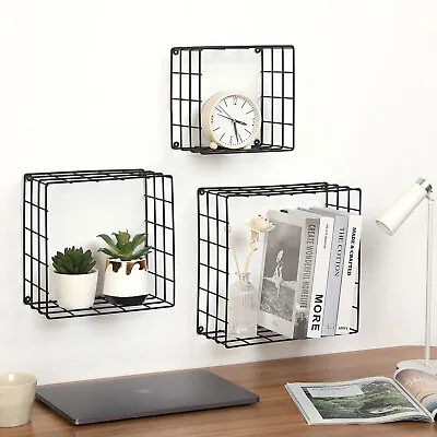 Matte Black Metal Wire Mesh Shadow Box Style Floating Display Shelves Set Of 3 • £28.94