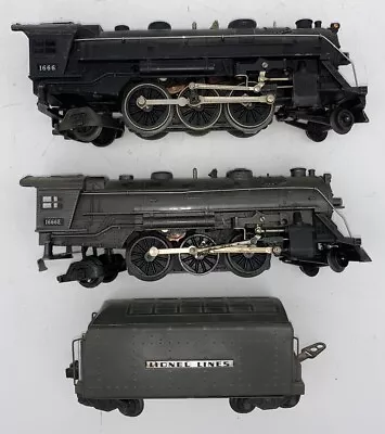 2 Postwar Lionel Steam Locomotives And Whistle Tender 1666E 1666 O Gauge 2-6-2 • $43.77