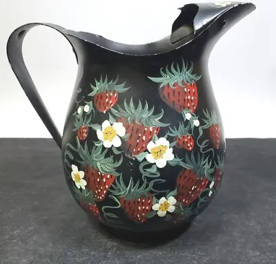 Vintage Black Toleware Metal Pitcher With Handpainted Strawberries 8  Tall • $22