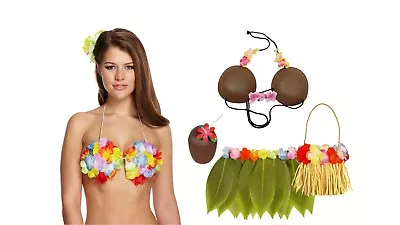 Hawaiian Fancy Dress Costume - Hula Lei Flower Garland Necklace Bra Skirt & Bag • £10.28