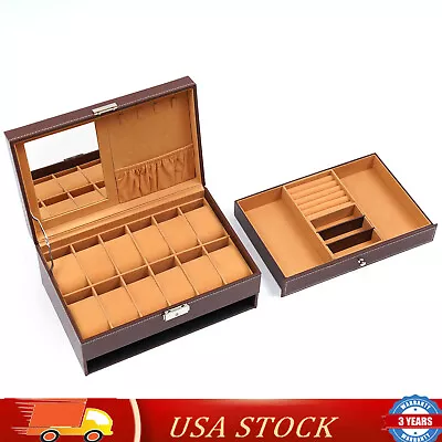 Mens Watch Box Case Organizer 12 Slots Watches Holder Jewelry Storage Display US • $41