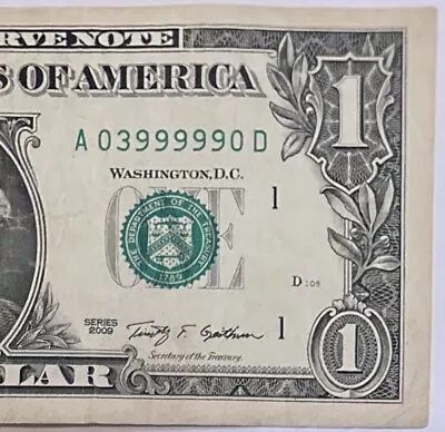 5-of-a-kind 9s $1 Dollar Bill Repeater 5 Solid Repeating 9s 2009 • $13.95
