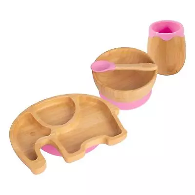 4pc Tiny Dining Pink Elephant Bamboo Baby Feeding Set Weaning Plate Bowl Spoon • £25