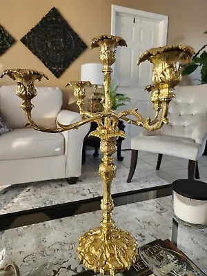 Large Vintage Elegant Solid Brass Candelabra 20.5 In Tall Very Heavy Beautiful  • $74.99