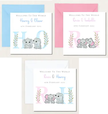 Personalised Handmade Birth Of New Baby Card Twins Pink And Blue Elephants  • £4.75