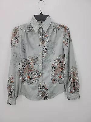Vintage Stuart Lang Top Womens 5/6 Gray Asian Print Satin Long Sleeve Button Up • $35.82