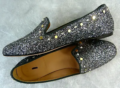 NEW J. CREW Retail $258 DARBY GLITTER STUDDED LOAFERS PEWTER GRAY SIZE 7 ITALY • $94.50