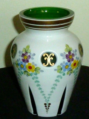 £31.59 • Buy Victorian Czech Bohemian Enameled White Overlay Cut To Green Glass Painted Gild