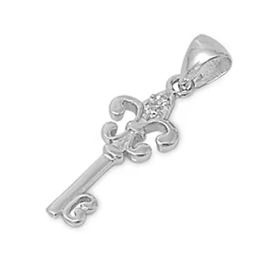 Sterling Silver Fleur De Lis Vintage Skeleton Key Pendant Clear Simulated CZ • $11.69