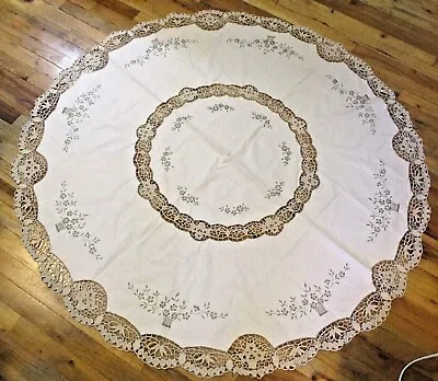 Vtg Tablecloth Crochet Point Venise Needle Lace Cut Work Inset Round Beige 55in • $59.99