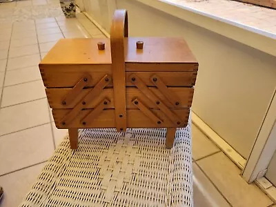 Vintage ACCORDION SEWING BOX Foldout Wood Storage Wooden Antique Basket Mcm 50s • $35