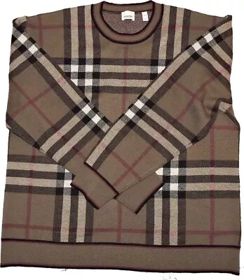 BURBERRY Sweater Wool Brown Check Plaid Beige  Sweater  Sz XXL  100% Wool • $379