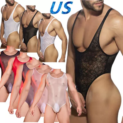 US Men's See Through One-Piece Bodysuit Silk Glossy High Cut Leotard Underwear • $5.57