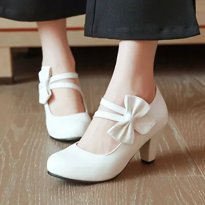 Women's Lolita Bowknot Kitten Block Heel Ankle Strappy Shoes Pumps Size 34-48 • £25.41