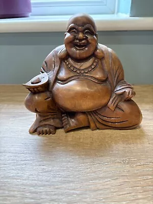 Hand Carved Laughing Buddha Wooden Ornament 15cm High • £15