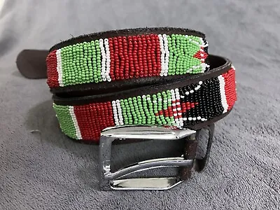 Kenya Flag Belt Hand Beaded African Leather Handmade Maasai Size 32 - 38 • $29.90
